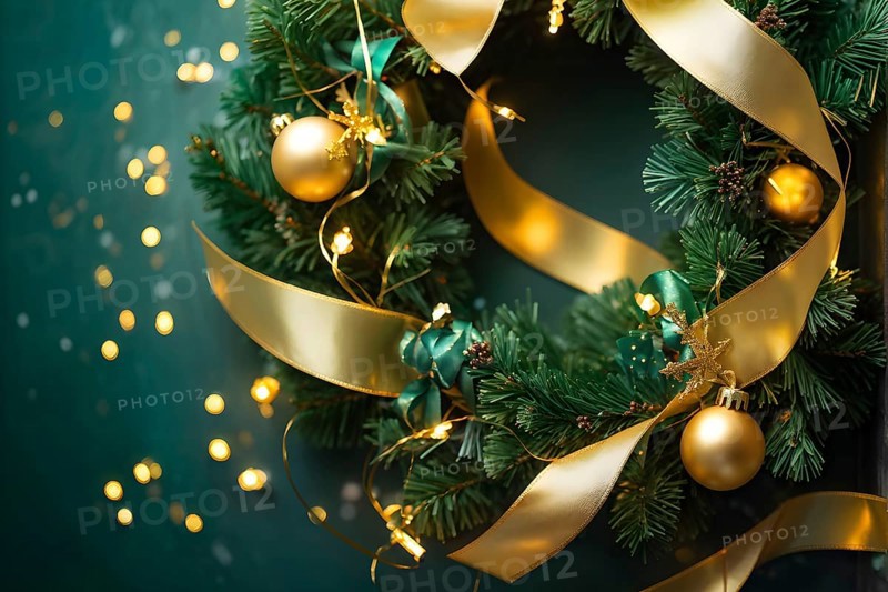 Christmas garland with golden ribbons intertwined with pine needles and tiny twinkling lights, creating a luxurious, festive feel, AI generated