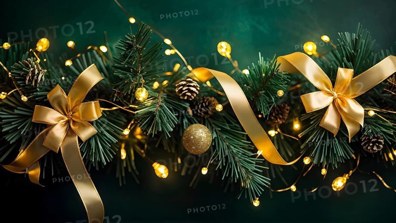 Christmas garland with golden ribbons intertwined with pine needles and tiny twinkling lights, creating a luxurious, festive feel, AI generated