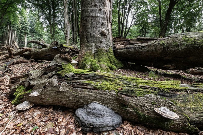 Deadwood with tinder fungus (Fomes fomentarius) in beech forest (Fagus sylvatica), Emsland, Lower Saxony, Germany, Europe