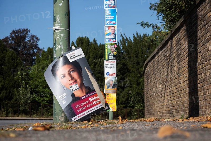 State election in Brandenburg 2024: The BSW Sahra Wagenknecht party campaigns for votes on election posters. Potsdam, Brandenburg, Germany, Europe