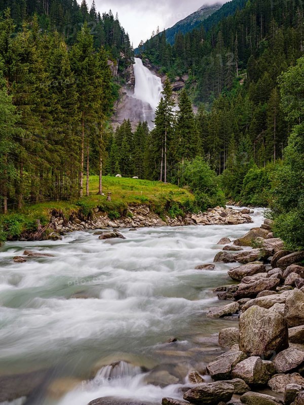 The river Krimmler Ache, Krimml Waterfalls at the back, Krimml, Pinzgau, Hohe Tauern National Park, Salzburg, Austria, Europe