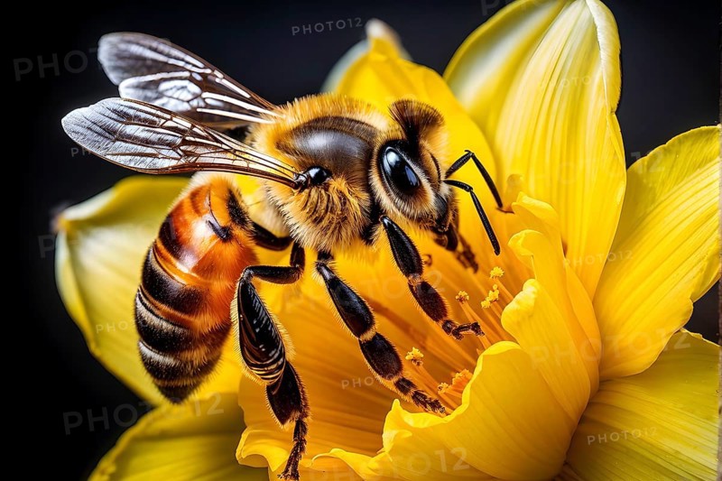 Honeybee collecting nectar from a vibrant yellow daffodil, showing intricate details of the flower and the bee, AI generated