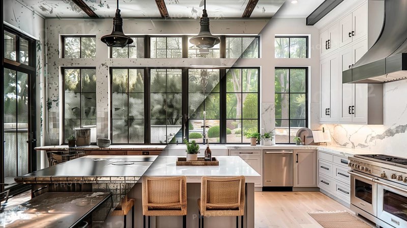 Before and after of A run down old and dirty kitchen to a remodeled contemporary kitchen, AI generated