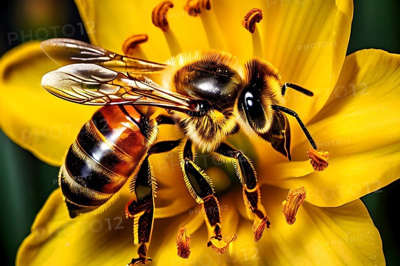 Honeybee collecting nectar from a vibrant yellow daffodil, showing intricate details of the flower and the bee, AI generated