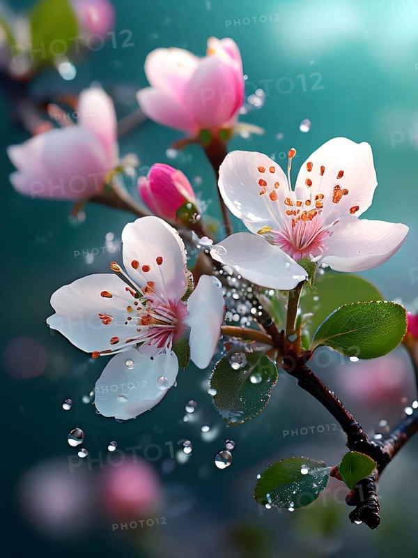 Blossoming apple blossoms in springtime, with soft pink and white petals contrasting against a blurred green background, AI generated