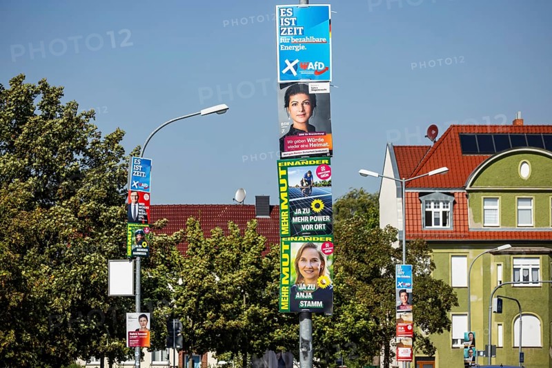 State election in Brandenburg 2024: parties canvass for votes on election posters. Nauen, Brandenburg, Germany, Europe