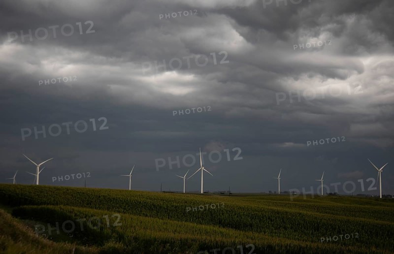 Adair, Iowa, A storm approaches wind turbines in western Iowa