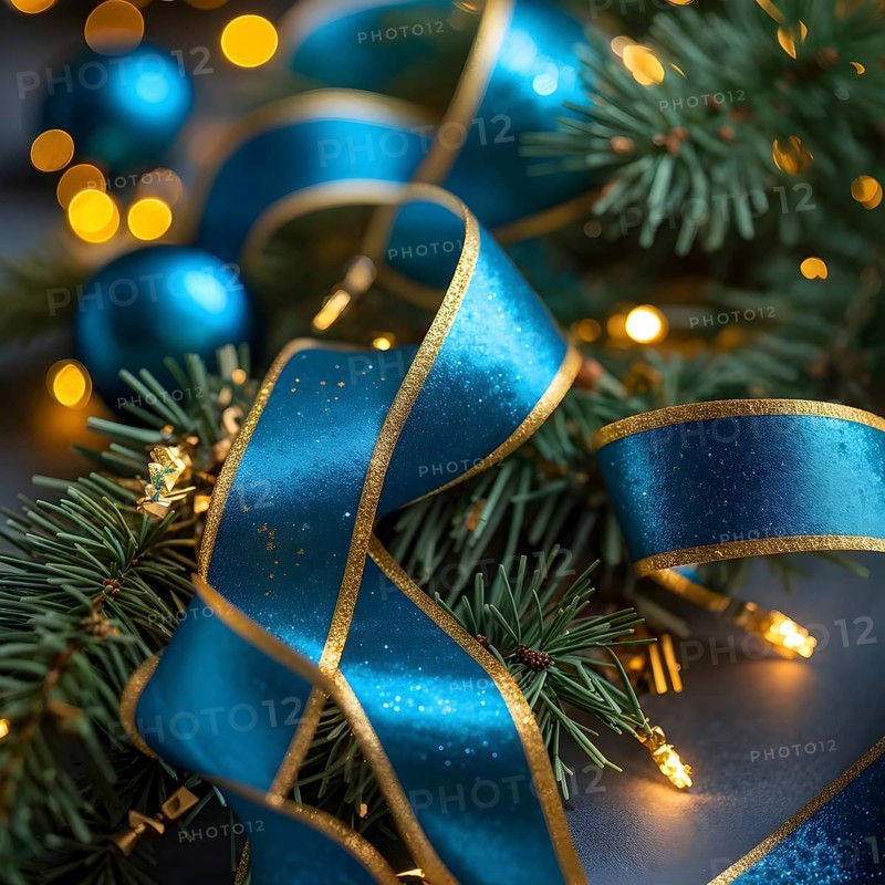 Christmas garland with gold and blue ribbons intertwined with pine needles and tiny twinkling lights, creating a luxurious, festive feel, AI generated