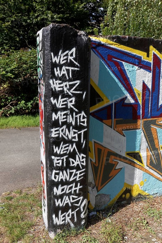 Graffiti with moral text, compassion, truthfulness and appreciation, Landschaftspark Duisburg -Nord, Duisburg, North Rhine-Westphalia, Germany, Europe