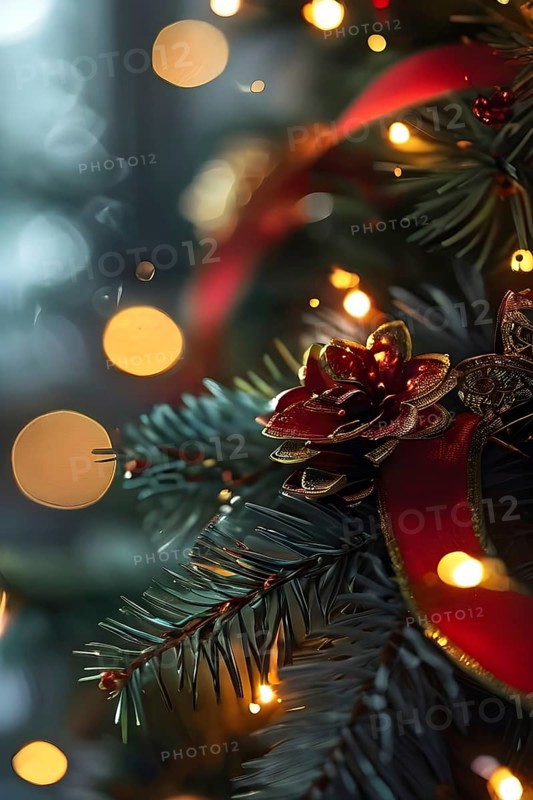 Christmas garland with gold and red ribbons intertwined with pine needles and tiny twinkling lights, creating a luxurious, festive feel, AI generated
