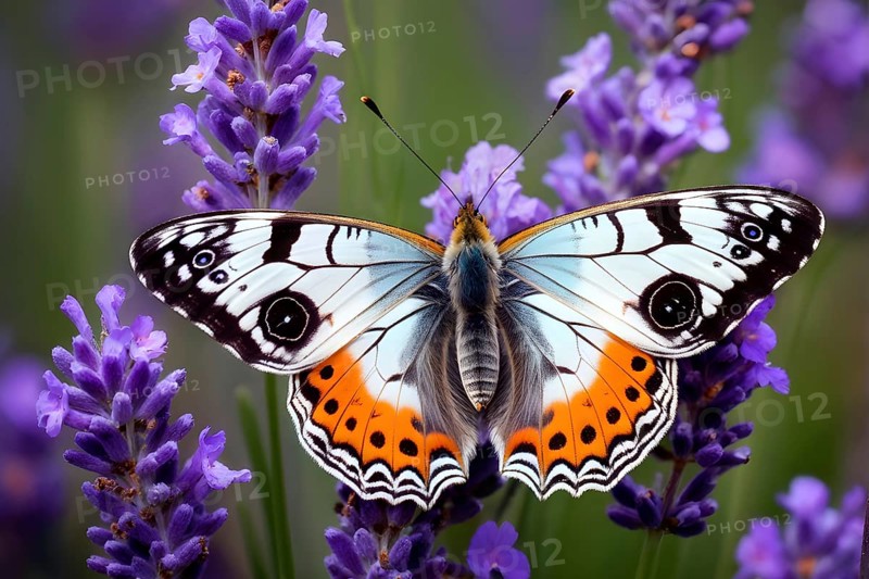 Butterfly resting on a blooming lavender plant, with its delicate wings fully spread and fine textures visible, AI generated