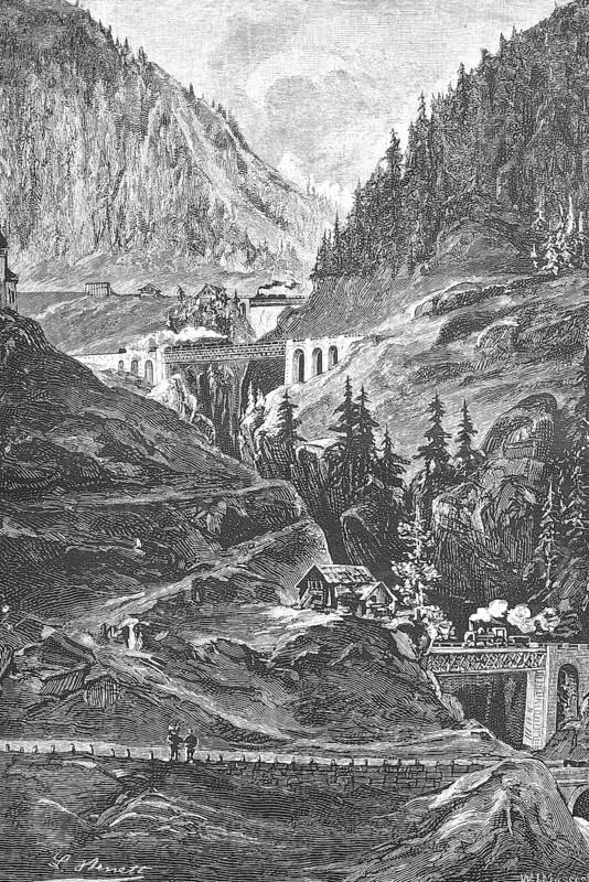 Gotthard railway, Meienreuss bridge near Wasen, Switzerland, Historical, digitally restored reproduction from a 19th century original, around 1890, Record date not stated, Europe