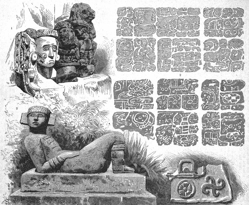 Central American antiquities, found on the Yucatan Peninsula, Bust of Ricte-Ganchi, hieroglyphic script, Statue of Chaac-Mol, Historical, digitally restored reproduction from a 19th century original, c. 1890, Record date not stated
