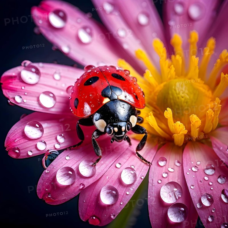 Ladybug crawling on a wet flower petal, with rain droplets, AI generated