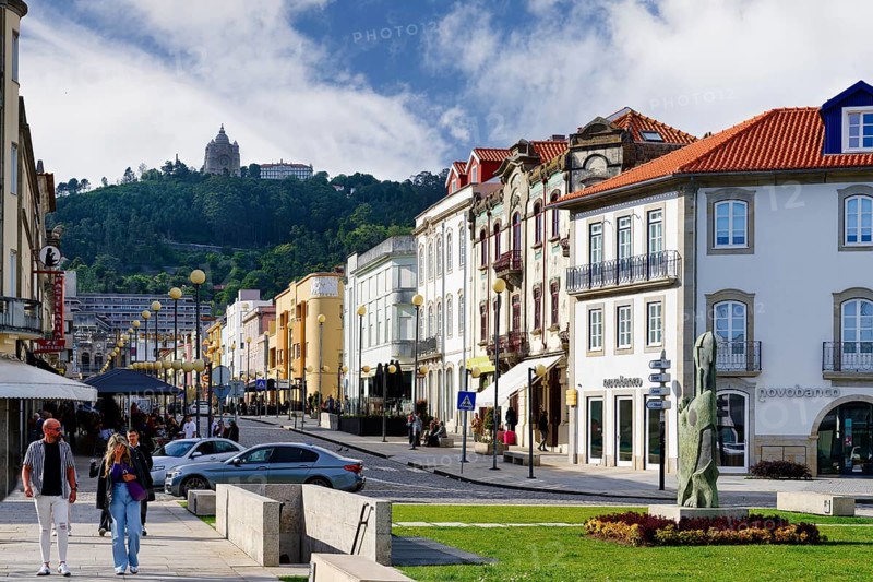 Main street and view to the Basilica Santa Lucia, Viana do Castelo, Minho, Portugal, Europe
