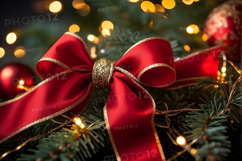 Christmas garland with gold and red ribbons intertwined with pine needles and tiny twinkling lights, creating a luxurious, festive feel, AI generated