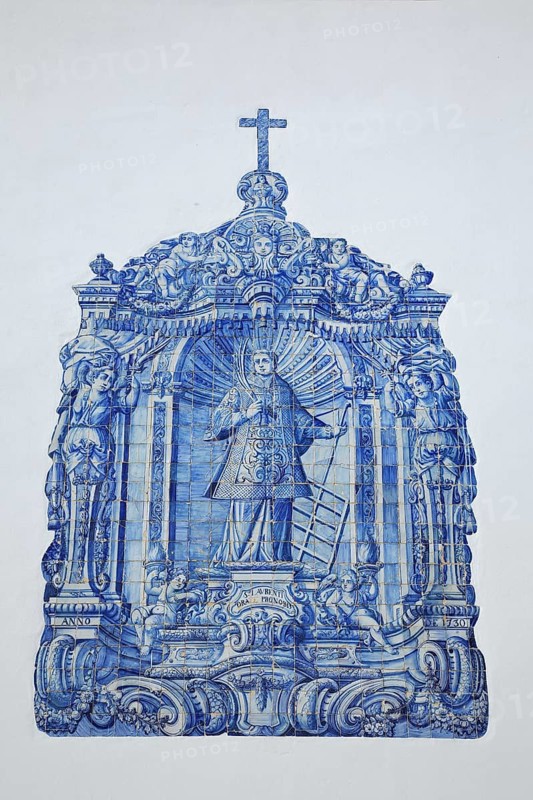 Historic azulejos painting at the church of Sao Lourenco de Matos near Almancil, Algarve, Portugal, Europe