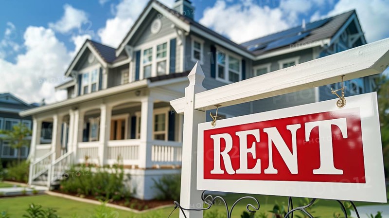 Home for rent real estate sign in front of house. generative AI, AI generated