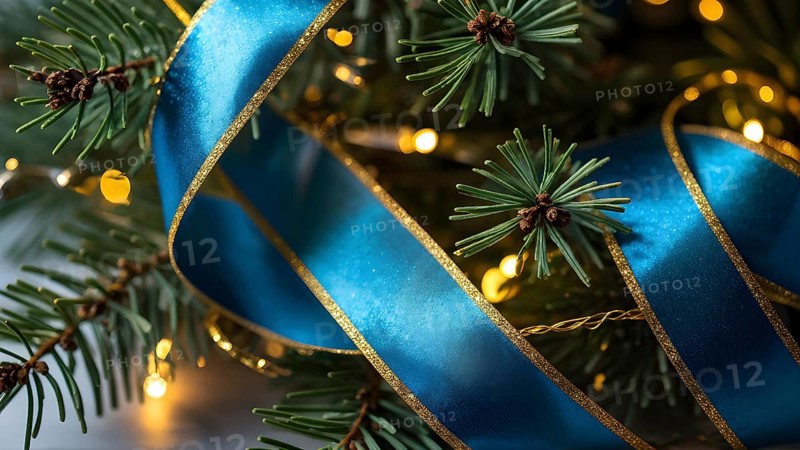 Christmas garland with gold and blue ribbons intertwined with pine needles and tiny twinkling lights, creating a luxurious, festive feel, AI generated