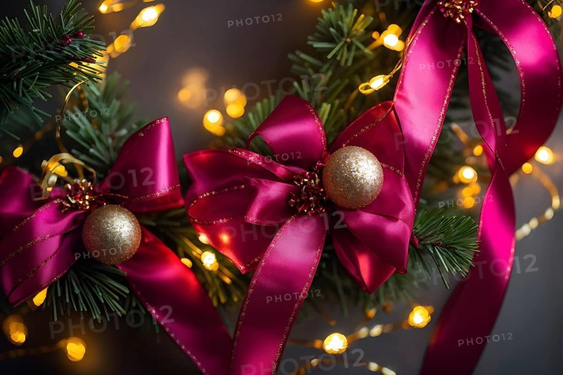 Christmas garland with gold and magenta ribbons intertwined with pine needles and tiny twinkling lights, creating a luxurious, festive feel, AI generated