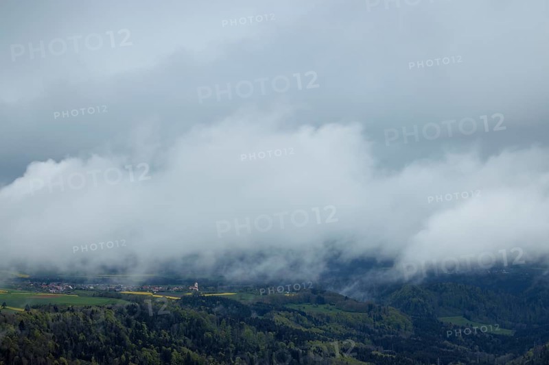 Mountain landscape with dense cloud cover over green hills, Wutach Gorge, Buchberg, Blumberg, Baden-Württemberg, Germany, Europe