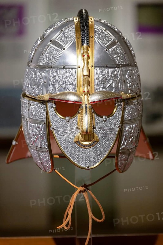 Antique metal helmet decorated with silver and gold details, interior view, helmet of an East Anglian king, Abbey Museum, Echternach Abbey, Echternach, Luxembourg, Europe