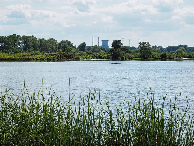 View of a lake with a power station behind it, Roermond, Netherlands