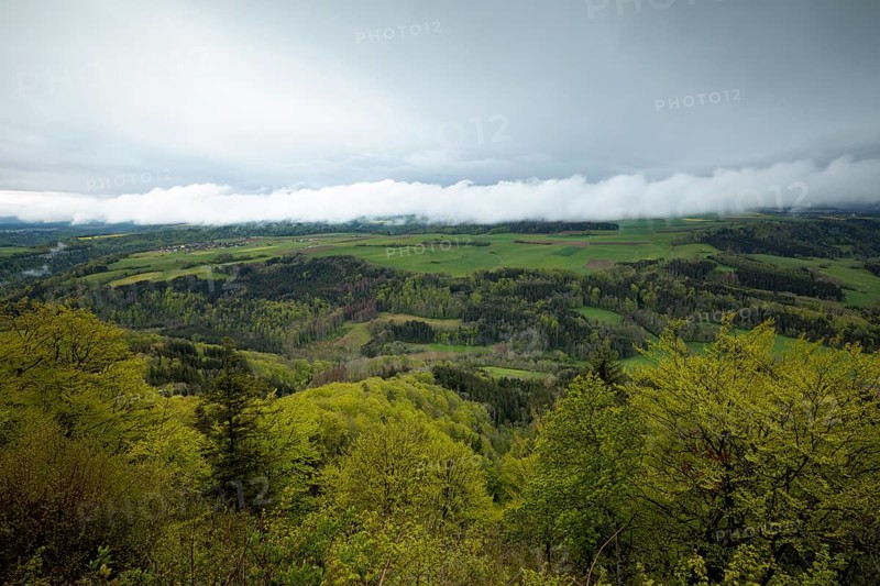 Wide green valleys and forests under a cloudy sky, Wutachschlucht, Buchberg, Blumberg, Baden-Württemberg, Germany, Europe