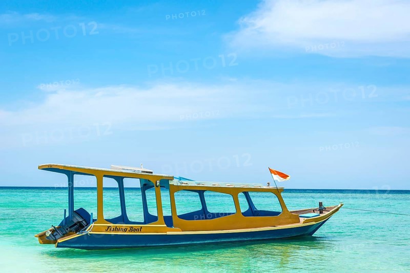 Traditional old excursion boat, sea, blue, ocean, colourful, wooden boat, excursion, tropical, empty, lonely, island, culture, holiday, tourism, travel, Gili Air, Indonesia, Asia