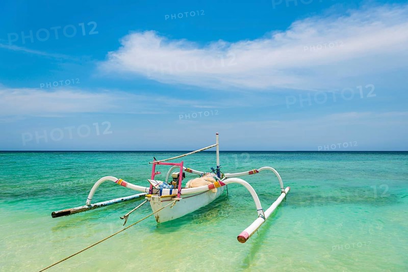 Traditional old fishing boat, sea, blue, blue sky, weather, seafaring, ocean, fishing, fishing, work, tropical, empty, nobody, lonely, island, culture, holiday, tourism, travel, Gili Air, Indonesia, Asia