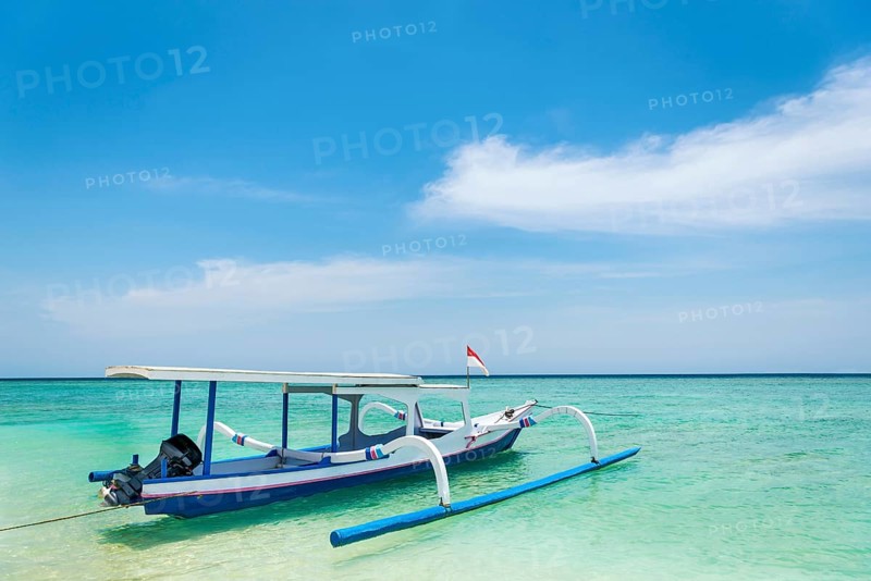 Traditional old fishing boat, sea, blue, blue sky, weather, seafaring, ocean, fishing, fishing, work, tropical, empty, nobody, lonely, island, culture, holiday, tourism, travel, Gili Air, Indonesia, Asia