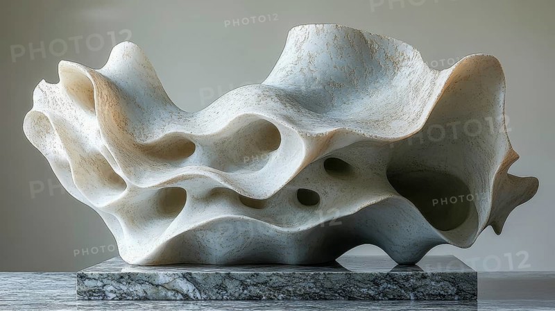 Abstract stone sculpture with flowing, organic shapes and a wavy design in beige tones, AI generated