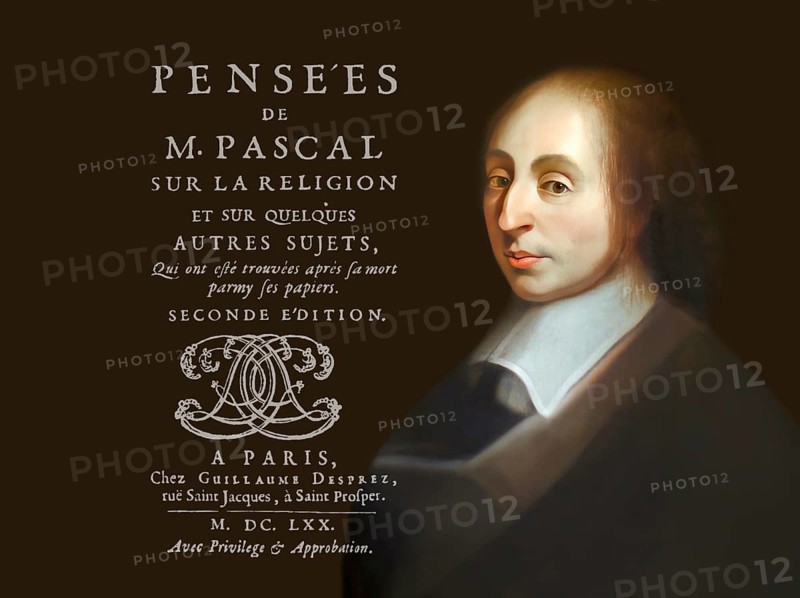 Portrait of Blaise Pascal, title of Les Pensées de M. Pascal on religion and on some other subjects, Pensées de M. Pascal sur la religion et sur quelques autres sujets, 1670