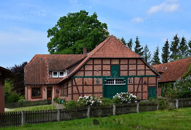 Historical Farm in Spring in the Village Dueshorn, Walsrode, Lower Saxony, Germany, Europe