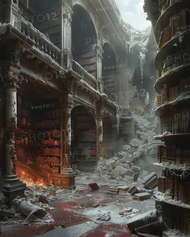 A destroyed library with evidence of fire and snow, decayed bookshelves creating an eerie, dark atmosphere, AI Generated, AI generated