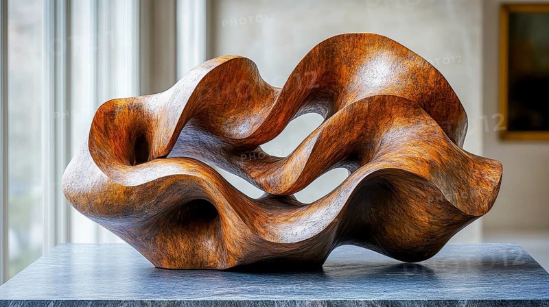 Abstract wooden sculpture with wavy, smooth surfaces, displayed indoors as an art piece, AI generated