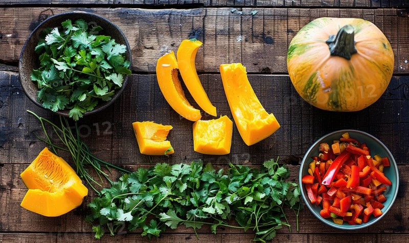 A top-down view of a wooden table with fresh cilantro, pumpkin wedges, garlic cloves AI generated