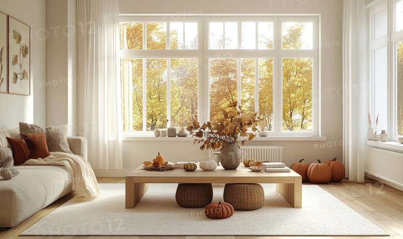 Scandinavian living room with a light wooden coffee table, white rug, autumn leaves centerpiece, and pumpkins on the floor AI generated