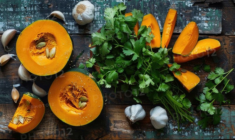 A top-down view of a wooden table with fresh cilantro, pumpkin wedges, garlic cloves AI generated