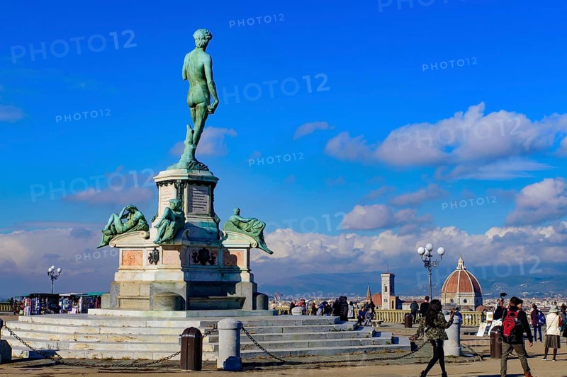Piazzale Michelangelo (Michelangelo Square) with bronze statue of David, the square with panoramic view of Florence, Italy, Europe