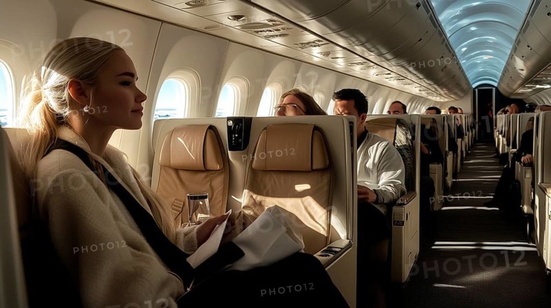 A young woman seated in an airplane cabin, surrounded by other passengers, bathed in natural daylight from the windows, AI generated