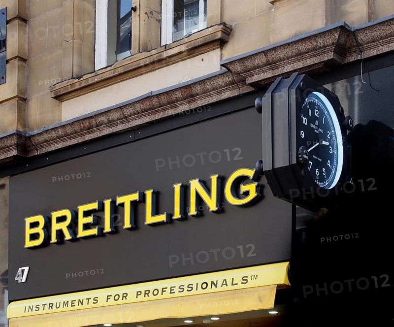 Leeds, west yorkshire, united kingdom, 7 july 2021: Breitling clock logo and slogan on berrys store in the centre of leeds