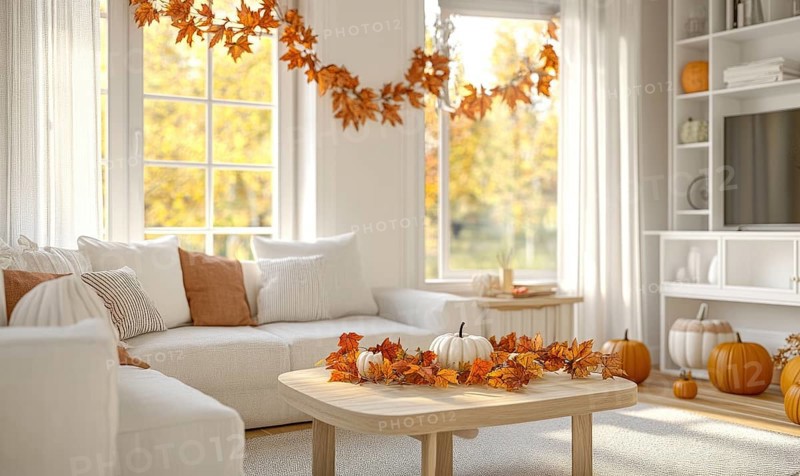 Scandinavian living room with a white sofa, light wooden coffee table, autumn leaves garland and pumpkins AI generated