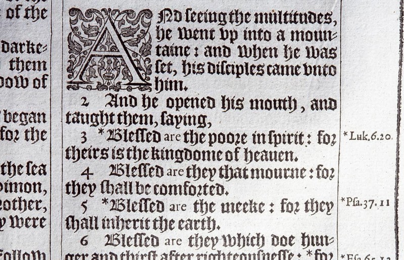 The Beatitudes, Matthew 5:1-4 from a first edition of the King James Bible, 1611. Courtesy of the Reed Collection at Dunedin Public Library, New Zealand, Oceania