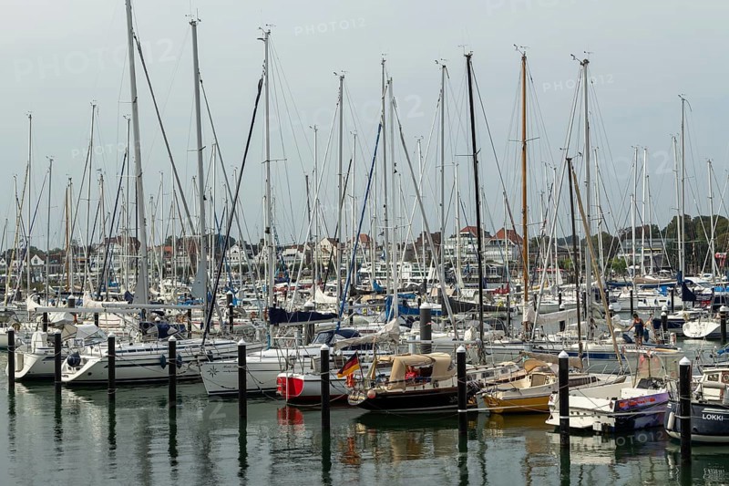 Sailing boats in the Rosenhof marina on the Priwall, seaside resort of Travemünde, Hanseatic city of Lübeck, Schleswig-Holstein, Germany, Europe