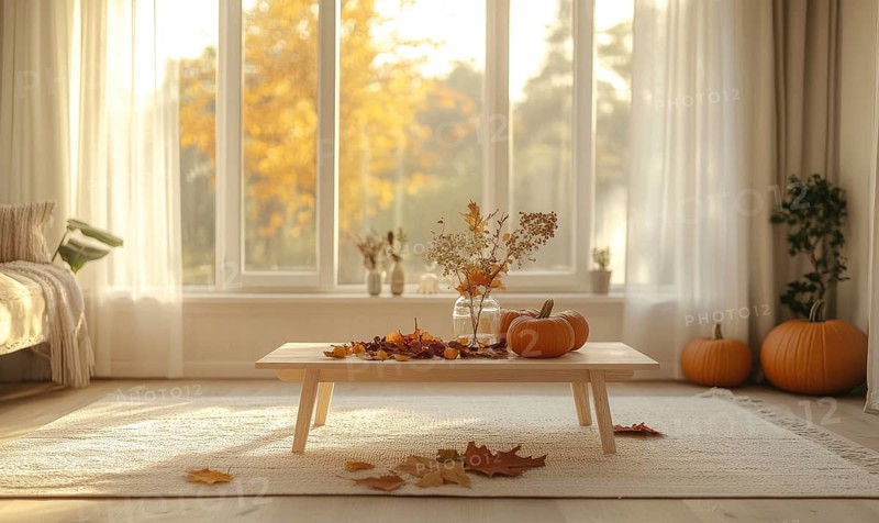 Scandinavian living room with a light wooden coffee table, white rug, autumn leaves centerpiece, and pumpkins on the floor AI generated