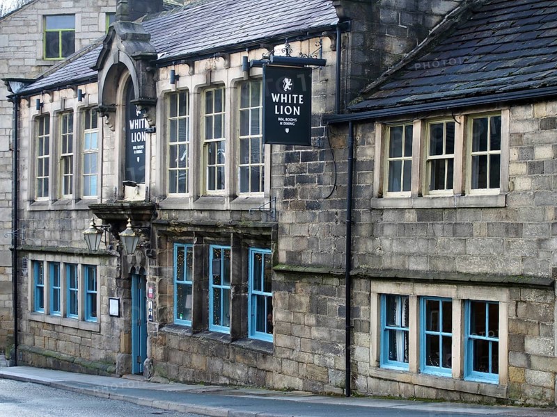 Hebden bridge, west yorkshire, united kingdom, 22 february 2020: the front entrance of the historic white lion pub and hotel at hebden bridge west yorkshire a historic 17 century former coaching inn