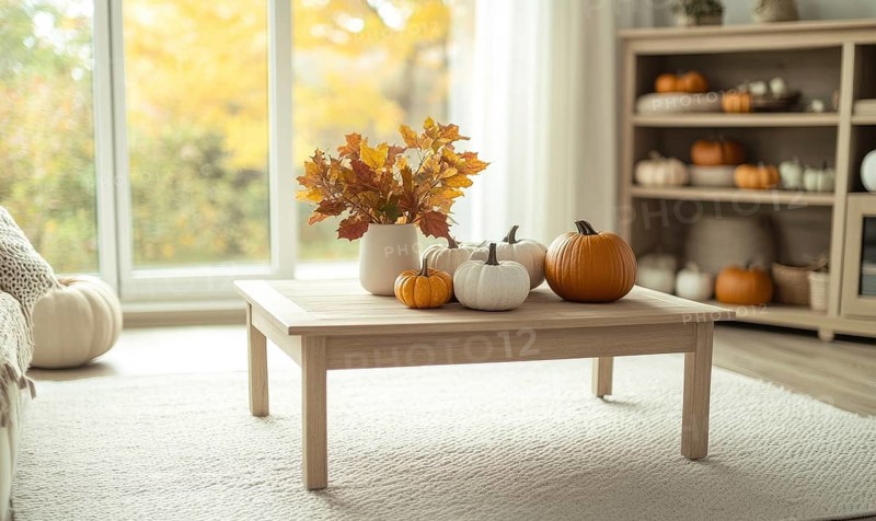 Scandinavian living room with a light wooden coffee table, white rug, autumn leaves centerpiece, and pumpkins on the floor AI generated