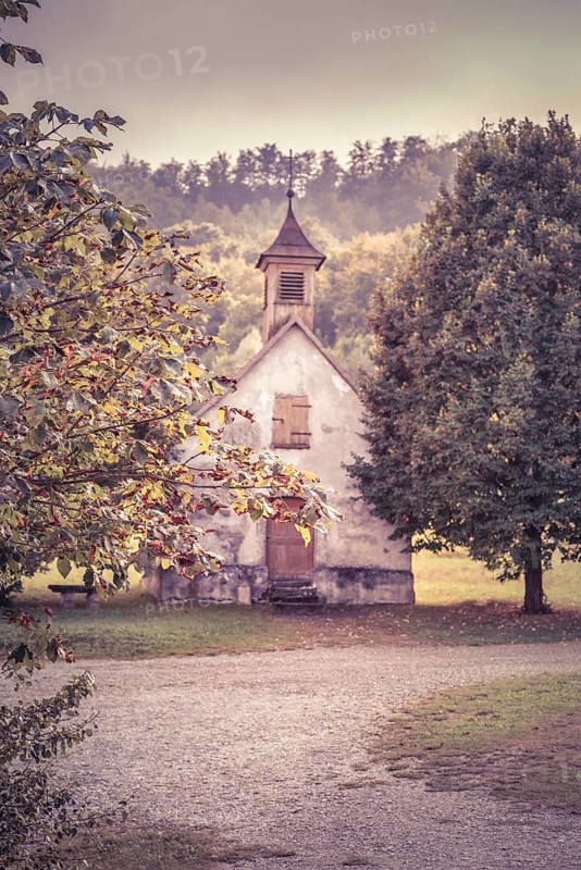 Image in retro style depicting autumn at countryside with walnut tree branches in foreground and aged German church in the background