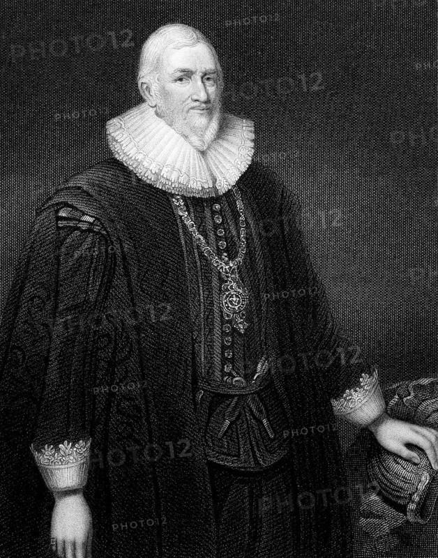 Hugh Myddelton (1560-1631) on engraving from 1831. Welsh clothmaker, entrepreneur, mine-owner, goldsmith, banker and self-taught engineer. Engraved by H.Robinson and published in Portraits of Illustrious Personages of Great Britain, UK, 1831
